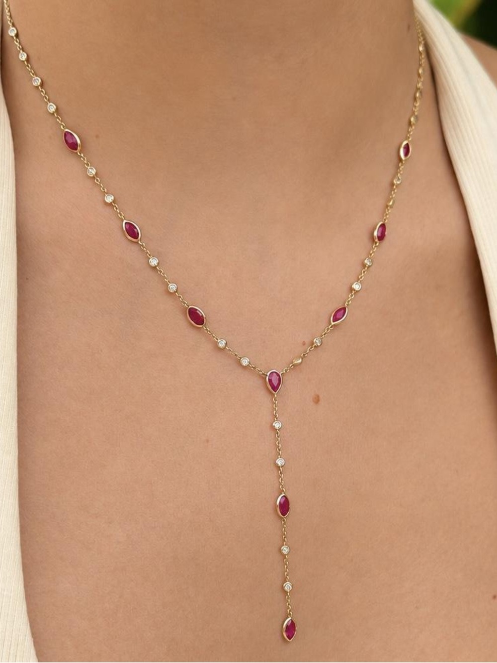 14K Real Solid Gold  Natural Rubies and Diamond Lariat Necklace 16/17/18"
